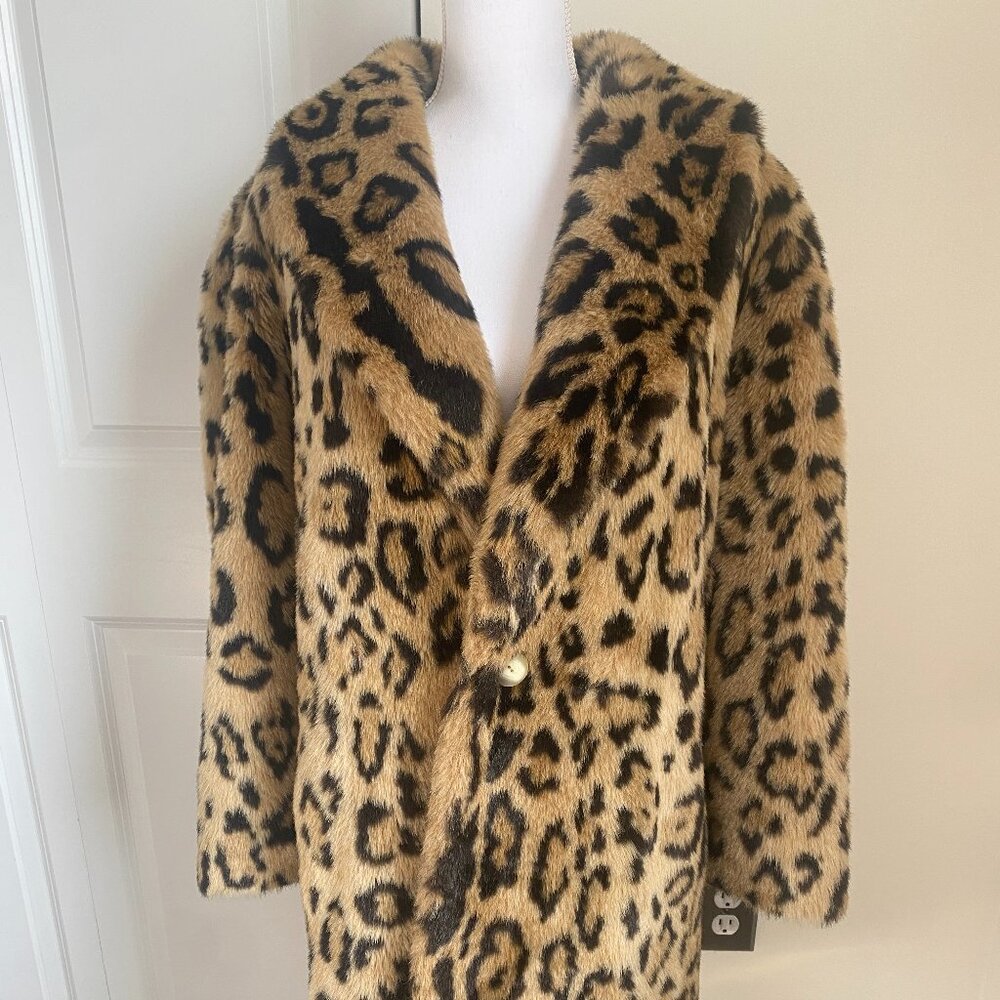 Leopard Print Faux Fur Pea Coat in Tan/Black